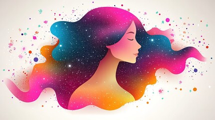 Side - profile of a woman with flowing multicolored hair and cosmic elements