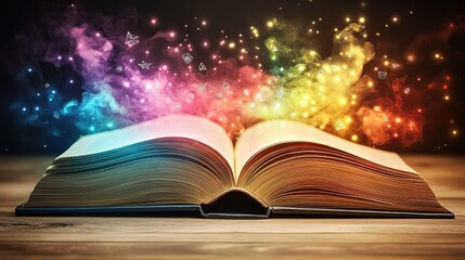 Open Book with Colorful Magical Smoke and Glowing Symbols on Wooden Surface