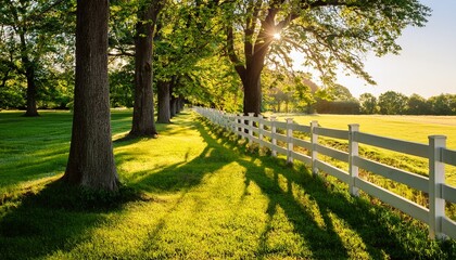 sunlit grassy path beside a white picket fence long shadows cast by trees