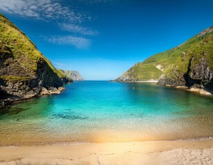 secluded cove path sunlit sand leads to tranquil turquoise water between dramatic hills