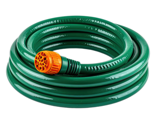 Coiled green garden hose with orange spray nozzle, isolated on a solid black background