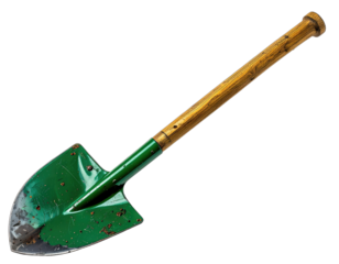 A close-up shot of a green and metal spade with a wooden handle on a black background