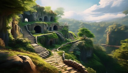hillside cave dwellings stone pathways winding stairs lush forest backdrop