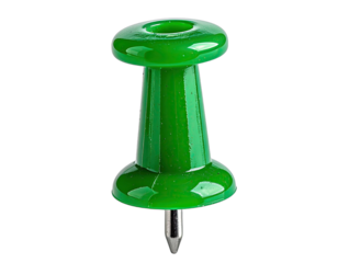 Isolated macro shot of a single green push pin against a stark black background