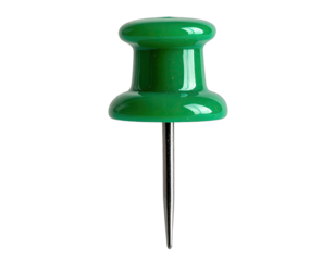 A close-up studio shot of a shiny, green pushpin against a solid black background