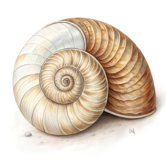 Obraz premium Detailed illustration of a nautilus shell with a spiral pattern on sand.