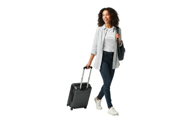 Young biracial woman, joyful and confident, walking mid-stride with a dark hardshell suitcase and backpack against a transparent studio background, travel excitement concept