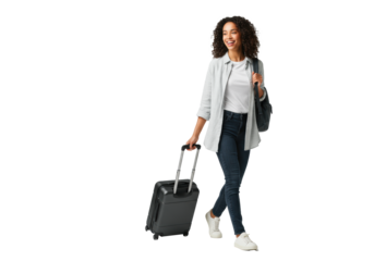 Young biracial woman, joyful and confident, walking mid-stride with a dark hardshell suitcase and backpack against a transparent studio background, travel excitement concept