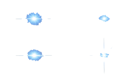 Photorealistic close-up of four vibrant blue light flares, two soft circular and two star-shaped lens flares, intensely glowing on a transparent background. Concept of optical light effects