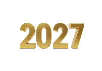 Elegant, photorealistic 3D numbers "2027" in glossy gold, featuring metallic reflections and dramatic shadows, centered on a transparent background with copy space, luxury new year celebration