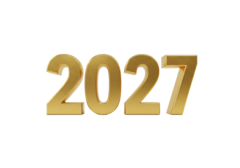 Elegant, photorealistic 3D numbers "2027" in glossy gold, featuring metallic reflections and dramatic shadows, centered on a transparent background with copy space, luxury new year celebration