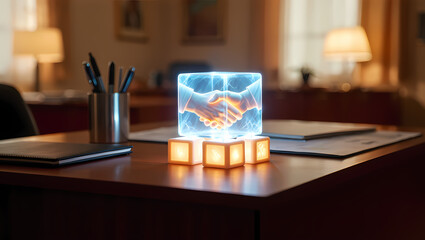 Futuristic business deal concept with holographic handshake inside a cube on a desk in an office, symbolizing innovation and collaboration