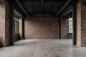 Empty industrial building features weathered brick walls and steel support beams