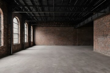 Fototapeta premium Large empty warehouse space with brick walls and arched windows