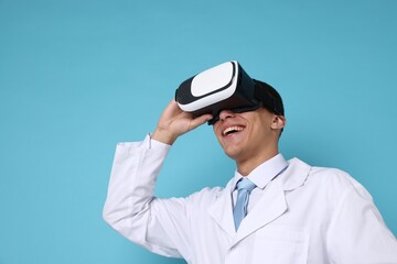 Modern technology. Doctor using virtual reality headset on light blue background