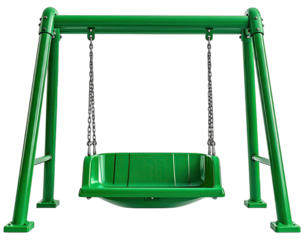 A vibrant, green children's swing set isolated on a transparent background for display