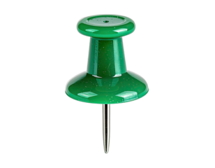A close-up shot of a single green pushpin against a solid black background