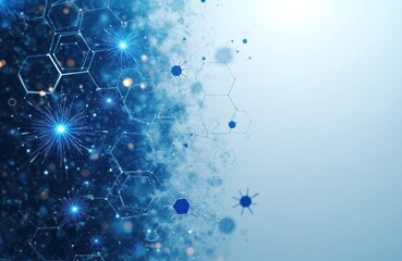 Abstract blue geometric structure with glowing particles and hexagon cells. Represents molecular science, biotech, and digital networks for data.