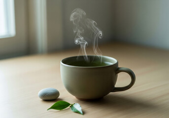A tranquil moment of mindful brewing, featuring a steaming cup of freshly prepared green tea, thoughtfully presented with natural elements, promoting a sense of calm and rejuvenation