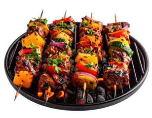 Close-up of grilled skewers with meat, onions, peppers, zucchini, and herbs on a BBQ grill