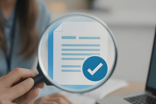 Magnifying glass inspecting a document with check mark in circle, viewed up close - Powered by Adobe