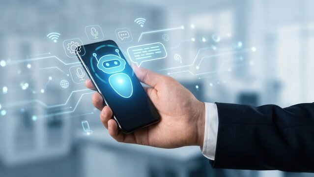 Closeup Businessman Hand using mobile phone with virtual chatbot icon. AI technology, virtual assistant, customer service automation and digital communication innovation concept
