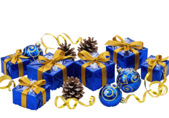 Blue gift boxes, gold ribbons, frosted pine cones, glossy blue Christmas ornaments, transparent snow, transparent background, copy space, soft studio light, elegant Christmas holiday atmosphere