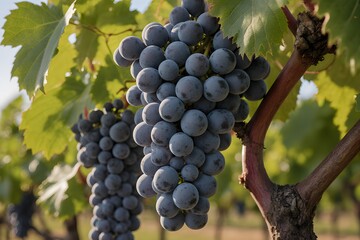 Fototapeta premium Close up of ripening grapes hanging on a vine in a vineyard setting