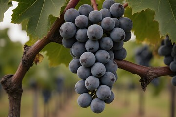 Close up of a luscious grape bunch hanging from a vine with green leaves