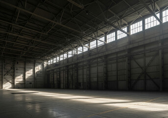 Vast, empty industrial building interior. Bright natural light from high windows casts long shadows across the concrete floor, emphasizing the expansive, raw architecture