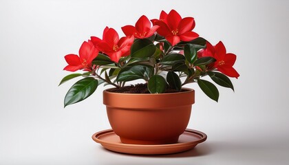a potted plant with vibrant red blooms and dark green foliage the terracotta pot sits on a matching saucer soft white backdrop