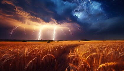 a powerful nighttime thunderstorm erupts over a golden wheat field punctuated by brilliant lightning strikes under a starry sky