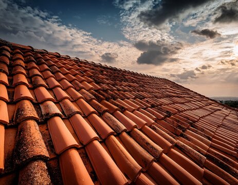 close up of weathered terracotta roof tiles under a cloudy sky angled towards the horizon with soft lighting - Powered by Adobe