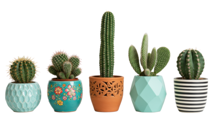Five distinct cacti in varied decorative pots, arranged on a transparent background with copy space, concept of botanical diversity