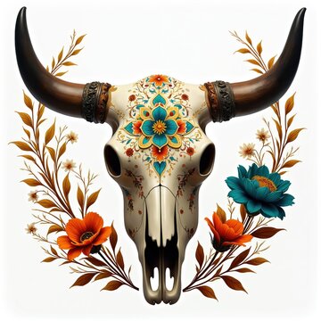 Ornamental bull skull decorated with floral patterns, surrounded by blooming flowers, branches. Striking design features vibrant colors, intricate details, creating bohemian aesthetic. Unique