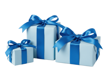 Three small, medium, and large gift boxes in soft pastel blue paper with blue satin ribbons and bows, on a transparent background with copy space. Birthday celebration atmosphere