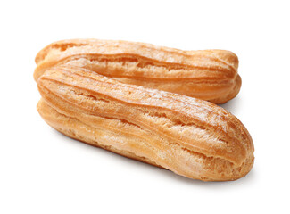Tasty eclairs with powdered sugar isolated on white