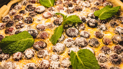 Beautiful sweet blueberry tart with a glossy icing top and decorative mint leaves. Vibrant colors, fresh berries, and a delicate pastry base. Perfect for dessert tables and special occasions.