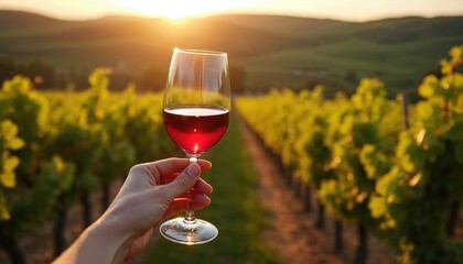 Hand holds wine glass near grapevines at sunset. Person sips red beverage, enjoys winery view. Vine field agriculture landscape, romantic dusk.
