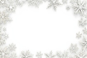 Elegant winter frame made of silver snowflakes and white background for festive designs