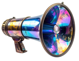 Metallic megaphone illustration with an iridescent interior, artistic and vibrant