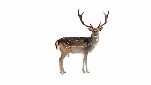 A majestic fallow deer standing gracefully isolated on white background, showcasing its impressive antlers and spotted coat in detail