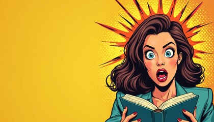 Woman with wide eyes and open mouth reads book with explosion effect. Female gets shocking news from literature. Story makes her mind blown on yellow background.
