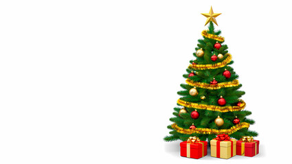 Festive christmas tree isolated on white background, adorned with ornaments, tinsel, and a star, surrounded by wrapped gifts, symbolizing holiday cheer and celebration