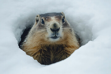 Alpine marmot emerging from its snow burrow, observing the cold winter environment, signaling the potential end of hibernation and anticipating spring