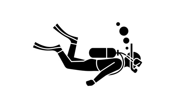 The image shows a scuba diver swimming underwater in a side profile silhouette.