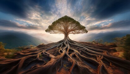 Ethereal Arboreal Ascent A Surreal Exploration Of Roots Reaching Skyward In An Enchanting Otherworldly Landscape
