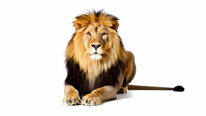 Majestic lion resting, a symbol of strength and courage, with a golden mane and intense gaze, captured in a powerful portrait, isolated on white background
