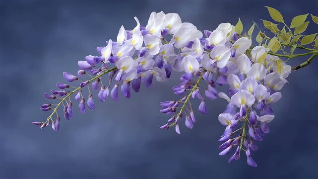 Magnificent clusters of wisteria blossoms create a stunning display of purple and white elegance under the tranquil blue backdrop