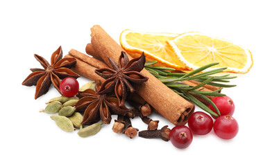 Different spices, cranberries, dry orange slices and fresh rosemary for mulled wine isolated on white